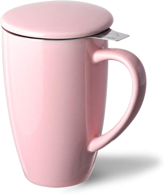 Sweejar Porcelain Tea Infuser Cup with Lid, 16 oz Tea Cup with Strainers for Loose Leaf Tea, Microwave and Dishwasher Safe Coffee Mug, Tea Steeping Mug for Tea Drinkers,Christmas Gift (Pink) - Bloomnest