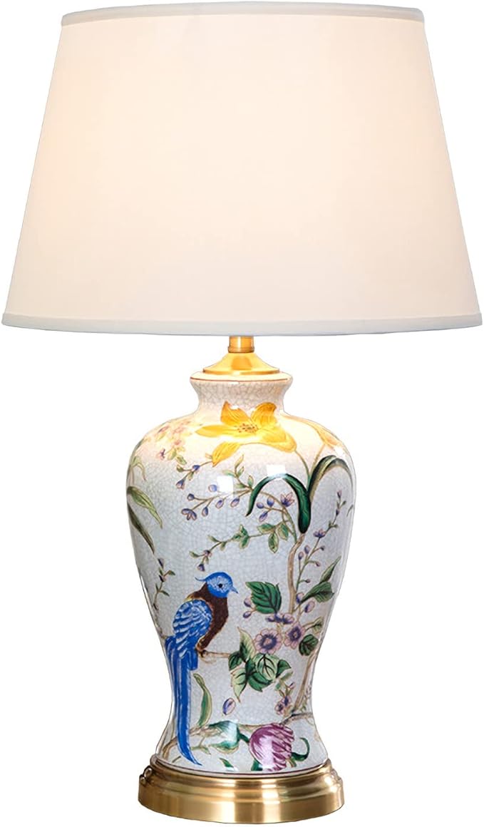White Flower & Bird Ceramic Table Lamp,Hand-Painted Chinoiserie Lamp, Fabric Lampshade Nightstand Lamp for Bedroom Living Room Office College Bookcase - Bloomnest