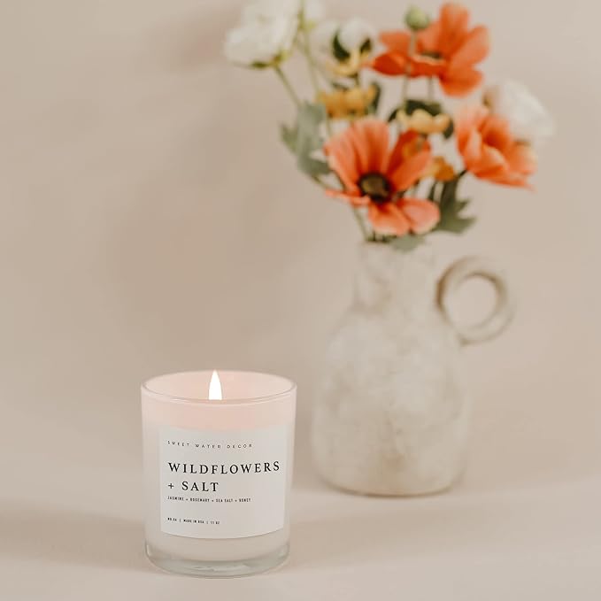 Sweet Water Decor Wildflowers and Salt Soy Candle - Jasmine, Rosemary, Sea Salt, and Honey Scented Spring Candle for Home - 11oz Jar Candle with Wood Lid, 50+ Hour Burn Time, Made in The USA - Bloomnest