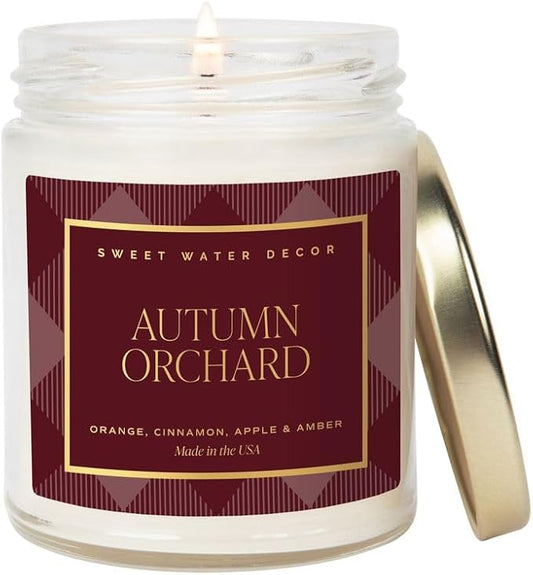 Sweet Water Decor Autumn Orchard Candle, Autumn Scented Notes of Citrus, Cinnamon, & Apples, 40+ Hour Burn Time, Non-Toxic Soy Wax Blend, Poured in The USA, Cotton Wick, 9oz Glass Jar with Gold Lid - Bloomnest