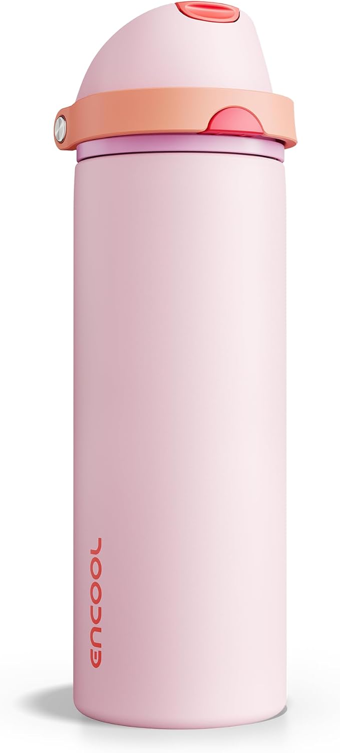 Insulated Water Bottle with Straw - Encool Stainless Steel Water Bottle with Push Button Lid, Leak-Proof & BPA-Free, Keeps Cold for 24 Hours for Sports, Travel, Gym (24 oz, Lily-Red) ENCOOL
