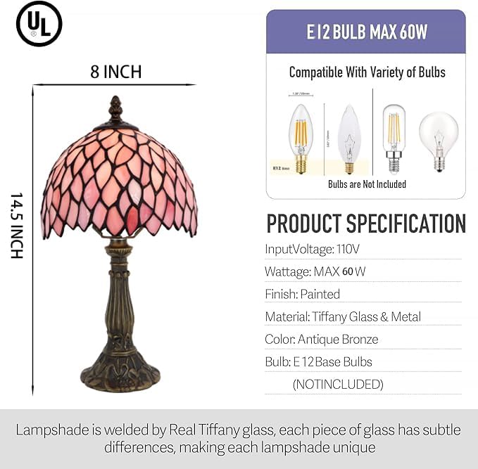 Small Tiffany Lamp Mini Accent Table Lamp Stained Glass Desk Memory Lamp Sympathy 8X14.5 Inch (Pink Wisteria) - Bloomnest