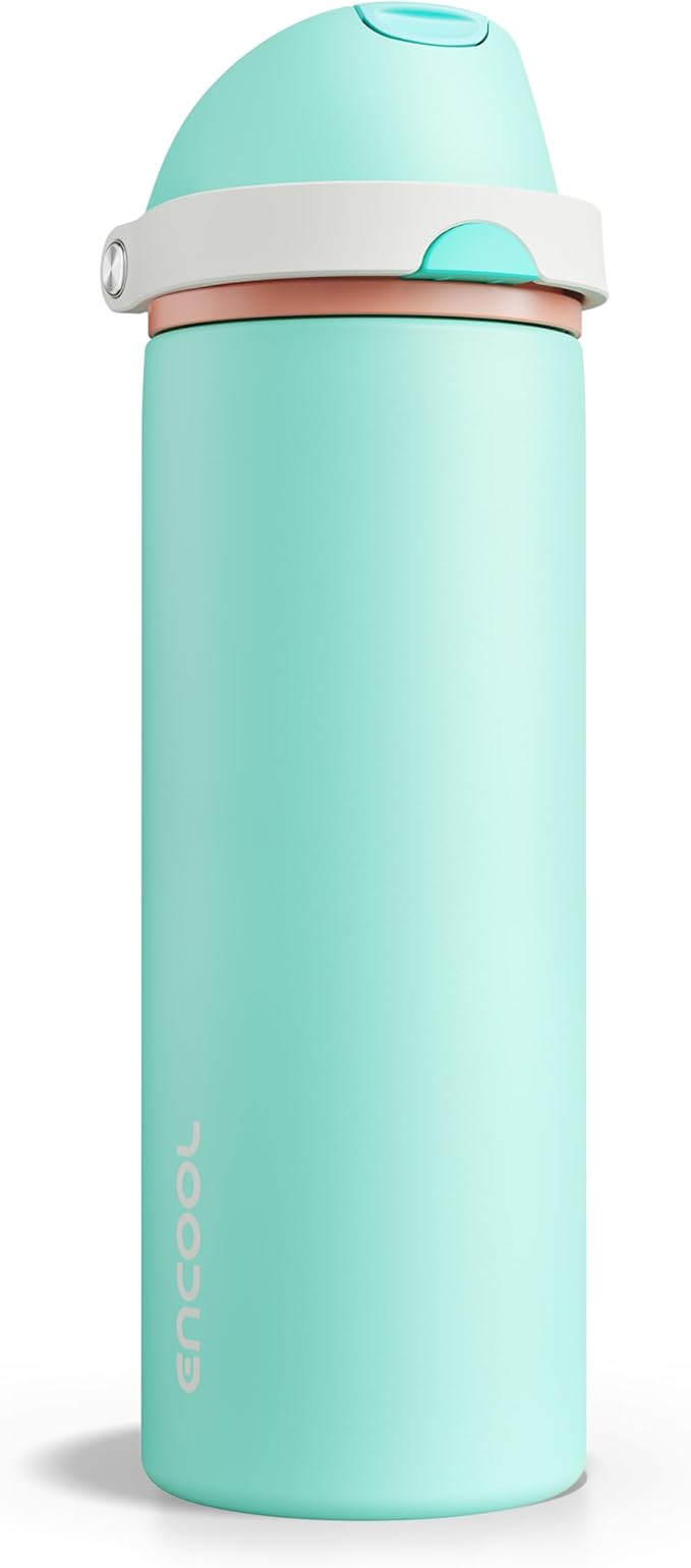 Insulated Water Bottle with Straw - Encool Stainless Steel Water Bottle with Push Button Lid, Leak-Proof & BPA-Free, Keeps Cold for 24 Hours for Sports, Travel, Gym (24 oz, Turquoise) ENCOOL