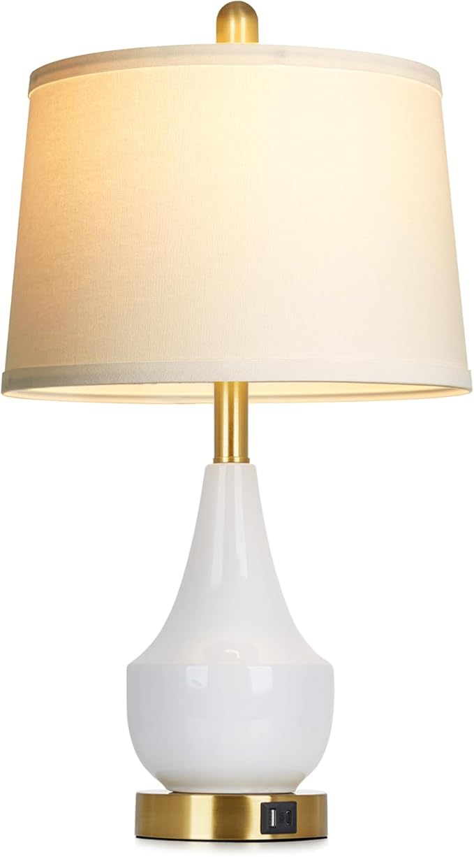 Modern White Table Lamp, 24" Ceramic Table Lamp with USB A+C Ports,Classic Beside Lamps Nightstand Lamp Modern Lamp for Living Room, Bedroom & Office -LED Bulbs Included - Bloomnest