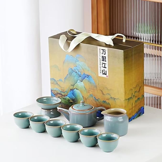 Chinese Tea Set, 10-Piece Ceramic Set with Teapot and Cups, Gongfu Tea Set,Tea Gift Sets,Outdoor and Office (purple and green) - Bloomnest