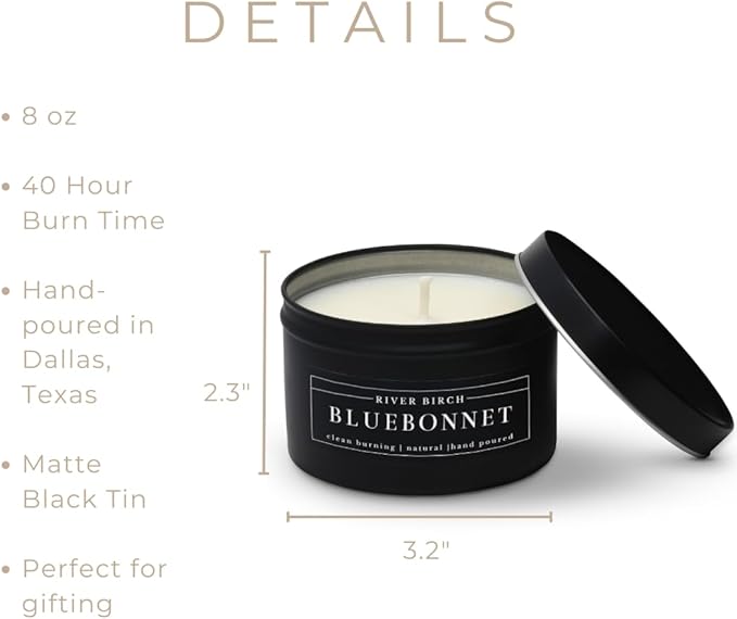 River Birch Premium, All-Natural, Non-Toxic Soy Wax | Bluebonnet Scented | 8 oz. Black Matte Tin Travel Candle | Cozy Relaxing Gifts for Home - Bloomnest
