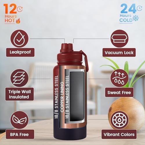 Lexlion Tea Infuser Water Bottle 32 Oz – Triple Wall Insulated Stainless Steel, Loose Leaf & Fruit Strainer, 3 Leakproof Lids, BPA-Free Silicone Sleeve, Reusable Thermal Mug - Bloomnest