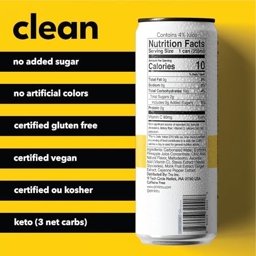 Tru Defense Seltzer, Sparkling Water with Vitamin C, Ginger Extract, Cayenne Pepper & Real Pineapple Juice, Sweetened with Monk Fruit & Stevia, Gluten Free, Vegan, Caffeine Free, 12 FL OZ Can, 12 Pack - Bloomnest