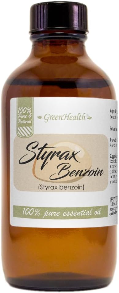 GreenHealth Styrax Benzoin Oil – 100% Pure Aromatherapy Grade – 4 fl oz – Thick Resinous Oil for Diffusers, Candles, Incense, DIY Blends – Amber Glass Bottle