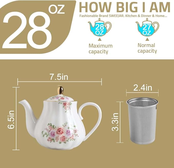 Sweejar Royal Teapot, Ceramic Tea Pot with Removable Stainless Steel Infuser, Blooming & Loose Leaf Teapot (Rose Flower, 28 Ounce) - Bloomnest