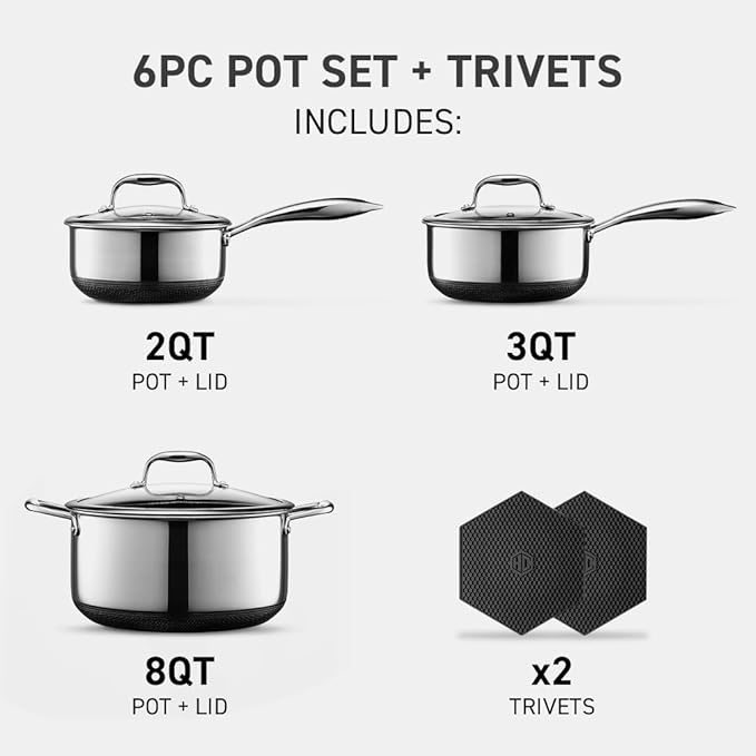 HexClad Hybrid Nonstick 6-Piece Pot Set with 2 Silicone Trivets, 2, 3, and 8-Quart Pots with Tempered Glass Lids, Stay-Cool Handles, Dishwasher-Friendly, Induction Ready, Compatible with All Cooktops - Bloomnest