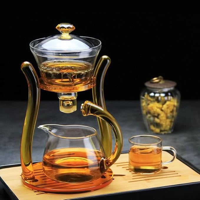 Mozeo Lazy Kungfu Teapot Glass Semi-automatic Tea Maker Suction Automatic Water Brewing Teapot Office Flower Glass Tea Set (Yellow with cups)