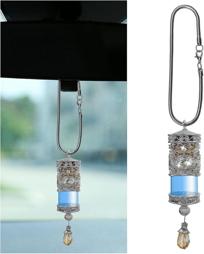 Hanging Car Air Freshener Diffuser, Refillable Essential Oils Empty Perfume Bottle, Alloy Car Aromatherapy Fragrance Perfume Pendant Bottle, Universal Car Interior Ornaments Decor (Silver) - Bloomnest