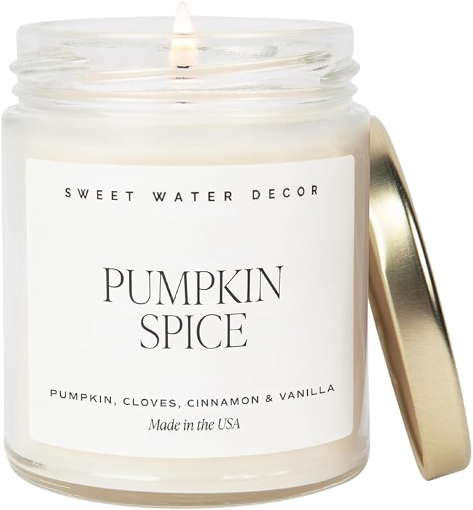 Sweet Water Decor Pumpkin Spice Candle - Fall Candles with Pumpkin, Clover, Cinnamon & Vanilla Scent for Home - Autumn Candle with 40 Hours Burn Time - 9Oz Gold Lid Clear Jar Pumpkin Soy Candles - Bloomnest