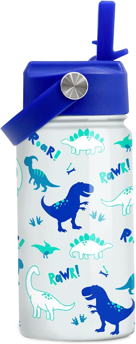 SANDJEST Dinosaur 12 oz Insulated Stainless Steel Water Bottle with Straw Lid - Thermos for Kids & Teens - School, Sports, Travel Cup - Bloomnest