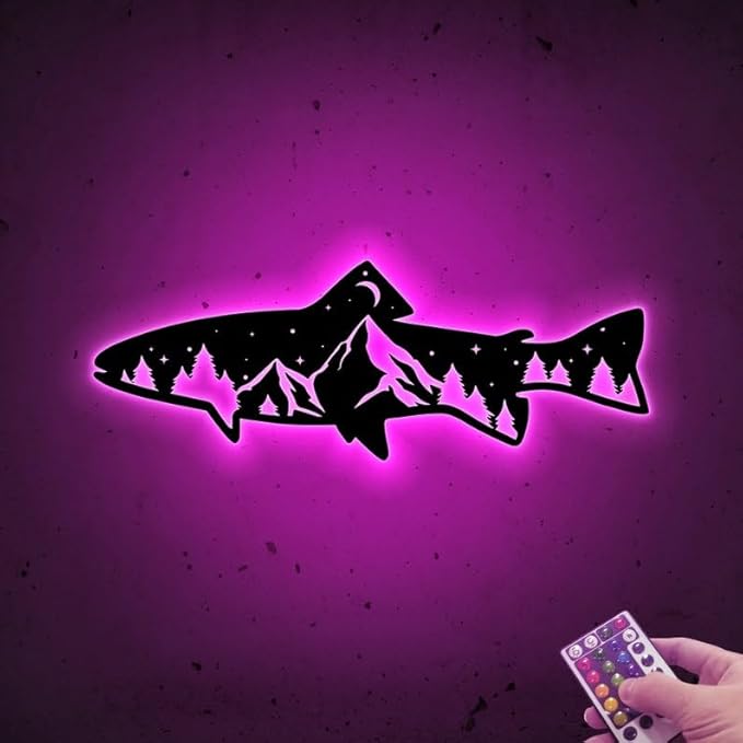 Personalized Neon Sign, Trout Fish Mountain Metal Wall Art Led Light, Fishing Gifts for Men, Gift for Dad, Fish and Trees Sign, Cabin Lodge Decor, Fisherman Gift - Bloomnest