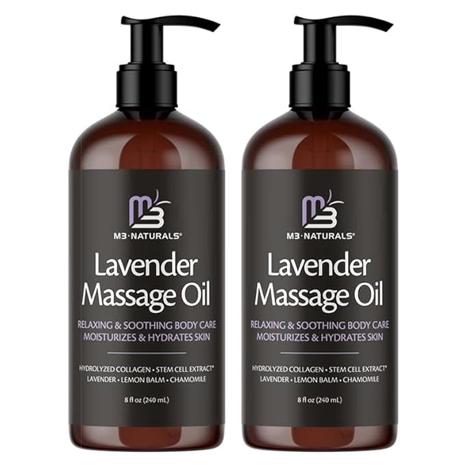 Lavender Massage Oil with Collagen and Stem Cells - Skin Firming Therapy Oil for Cellulite and Quick Absorption on Bum, Thighs, and Belly, 8 fl oz (Pack of 2) by M3 Naturals