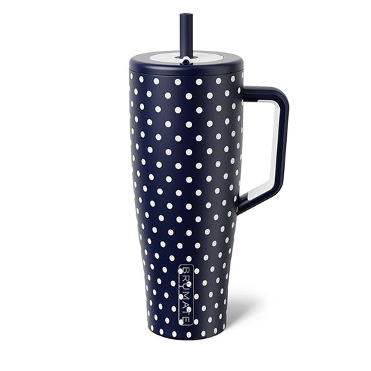 BrüMate Era 40 oz Tumbler with Handle and Straw | 100% Leakproof Insulated Water Bottle Tumbler with Lid and Straw | Made of Stainless Steel | Cup Holder Friendly | 40oz (Navy Polka Dots)