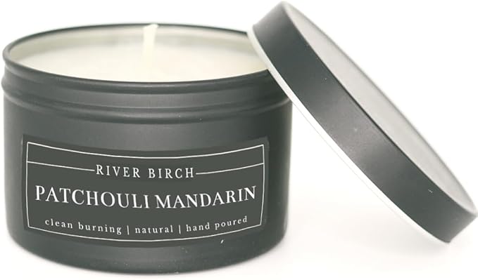 River Birch Candles Patchouli Mandarin Scented Candle | Premium, All-Natural, Non-Toxic, Soy Candles | 8 oz. Black Matte Tin Travel Candle | Cozy Relaxing Gifts for Home - Bloomnest