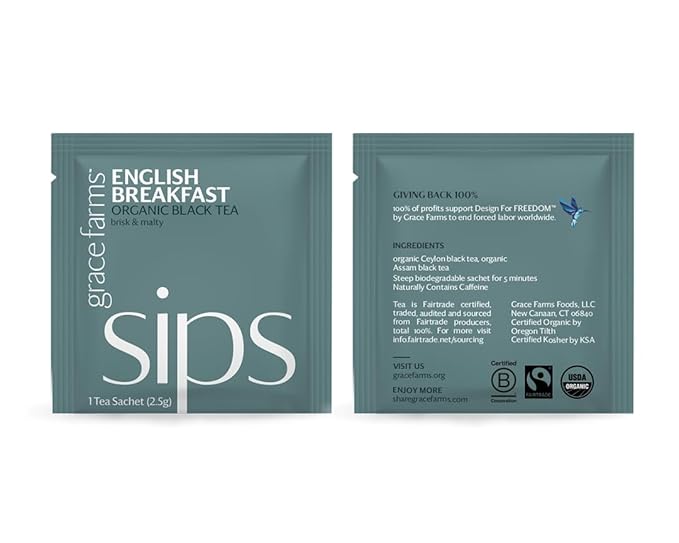 Grace Farms Organic English Breakfast Black Tea, (100 Enveloped Pyramid Sachets w/String & Tag) | Fairtrade & Kosher |Gives Back 100% of Profits - Bloomnest
