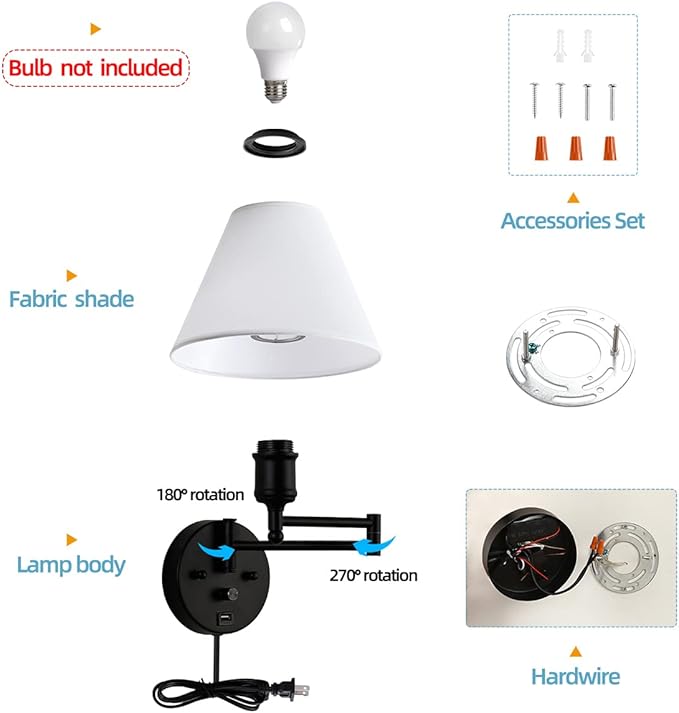 Swing Arm Wall Sconces, Plug-in Wall lamp,Bedroom Wall lamp ， White Fabric Shade，，with dimmable Switch and USB Charging Port, Suitable for Bedside, Living Room, Reading (Black) - Bloomnest