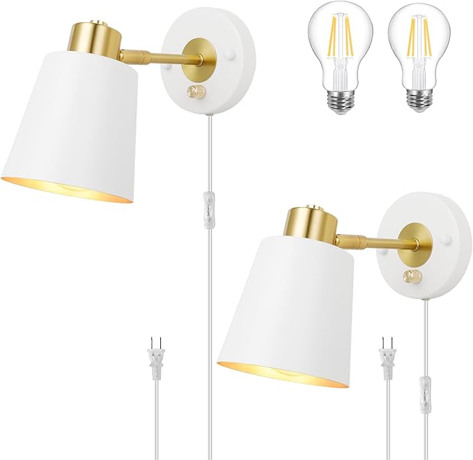 Plug in Wall Sconces, Dimmable Wall Sconces Adjustable Wall Lights with Plug in Cord and Dimmer On/Off Knob Switch, White Wall Mounted Light for Bedroom Bedside Stairway(2 Pack, 2 Bulbs) - Bloomnest
