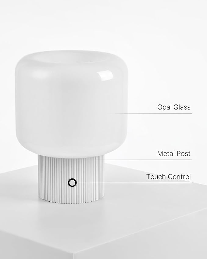 Halo Mushroom Lamp, 5W Cute Cordless Rechargeable Table Lamp with Glass Shade, 3 Color Temps LED Dimmable Ambient Lighting, Small Retro Touch Bedside Light for Bedroom Decor, White - Bloomnest