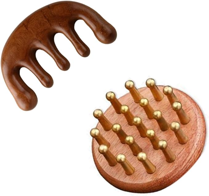 Wooden Scalp Massager & Hair Scrubber - Manual Head Massager with Sandalwood for Scalp Care, Portable Handheld Hair Growth Tool, Comfier Scalp Relaxation Brush for Stress Relief & Spa(Two-Piece Set) Smowfes