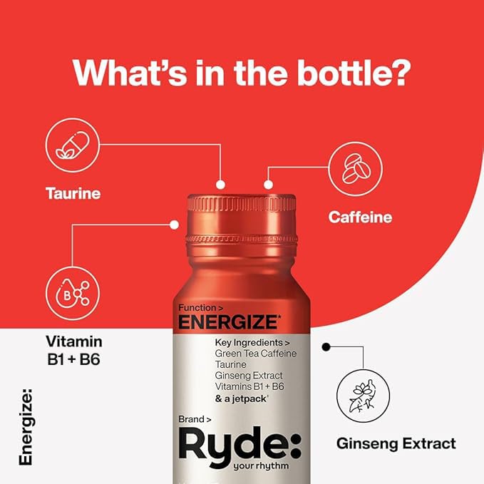 Ryde: Energize Shot | Tropical Flavor | Green Tea Caffeine, Taurine, Ginseng Extract & B Vitamins | 0 Calories, 0 Sugar | 2 FL OZ Shots | Boosts energy* (8 Pack) - Bloomnest