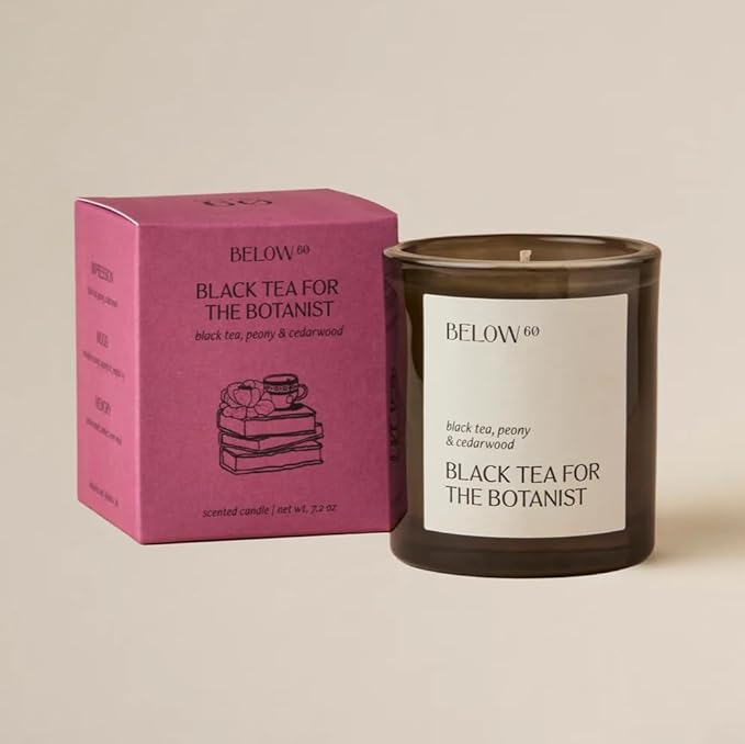 Below 60 Scented Candle – Black Tea for The Botanist – Essential Oil-Based Fragrance – Hand-Made with Paraffin-Free Soy Wax – 50 hr Burn Time - by Hilary Duff - Black Tea, Peony, Cedarwood (10oz) - Bloomnest