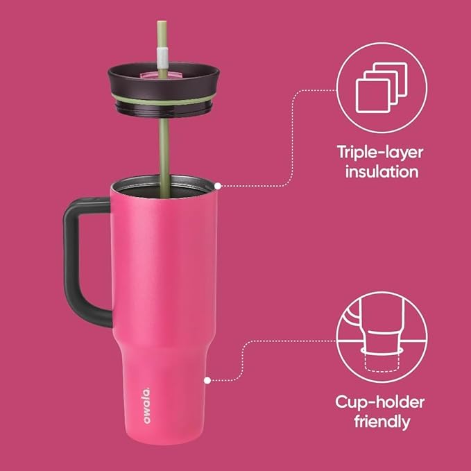 Owala Stainless Steel Triple Layer Insulated Travel Tumbler with Spill Resistant Lid, Straw, and Carry Handle, BPA Free, 40 oz, Pink (Watermelon Breeze) - Bloomnest