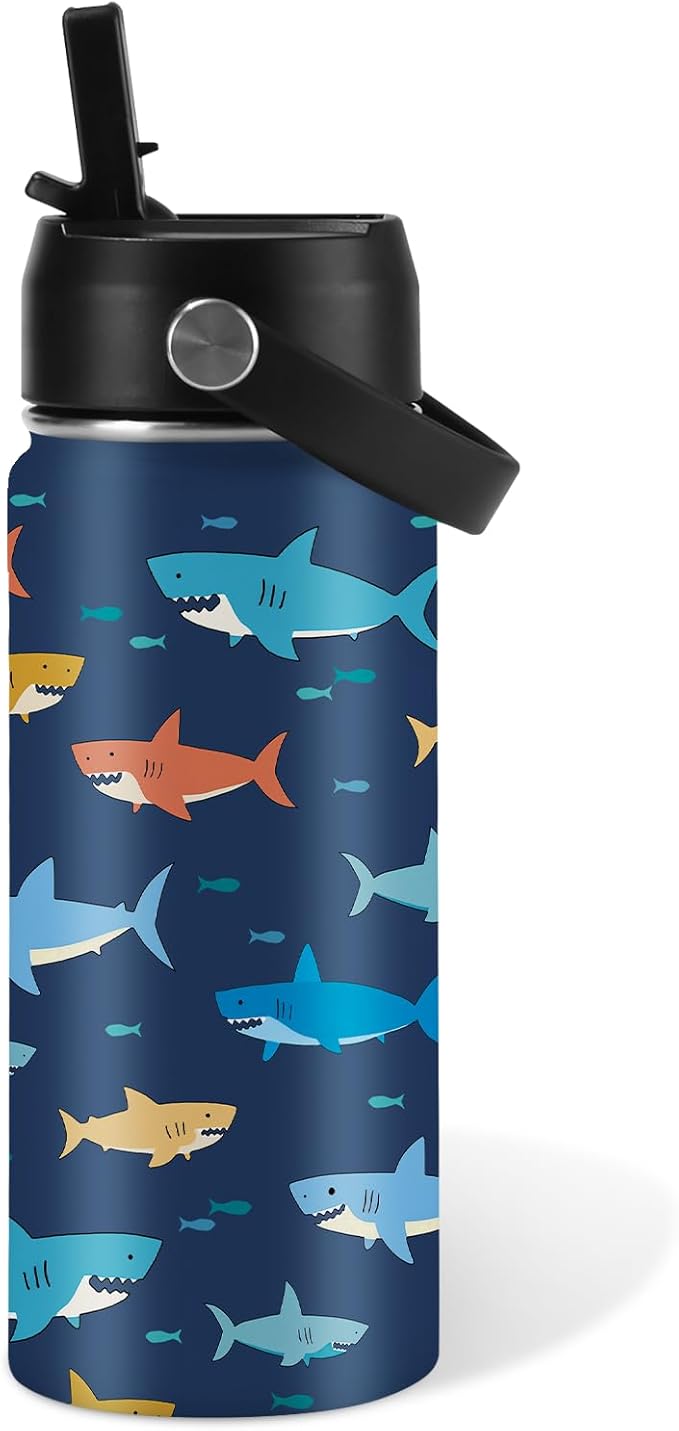Shark Gifts for Kids 16 oz Kids Water Bottle with Straw Lid, Stainless Steel Insulated Tumbler, Leak Proof, BPA - Free, Cool Shark Pattern Mug for Travel, Daily use(1pc) - Bloomnest