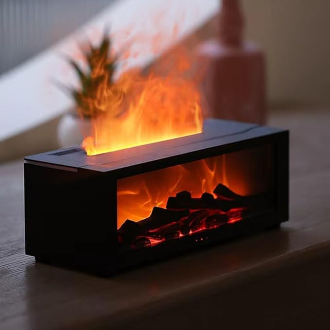 Fireplace Aroma Diffuser Humidifier, 7 Color Changing Essential Oil Diffuser with Realistic Flame Effect, Ultrasonic Quiet Aromatherapy Humidifier for Bedroom, Office, Home, Yoga Meditation (Black) - Bloomnest