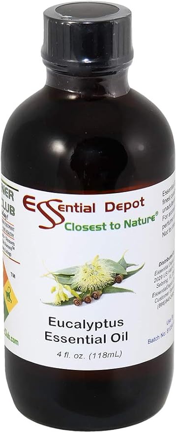 Essential Depot Eucalyptus Essential Oil - GC/MS Tested - Supplied in 4 oz. Amber Glass Bottle with Black Phenolic Cone Lined and Safety Sealed Cap ESSENTIALDEPOT