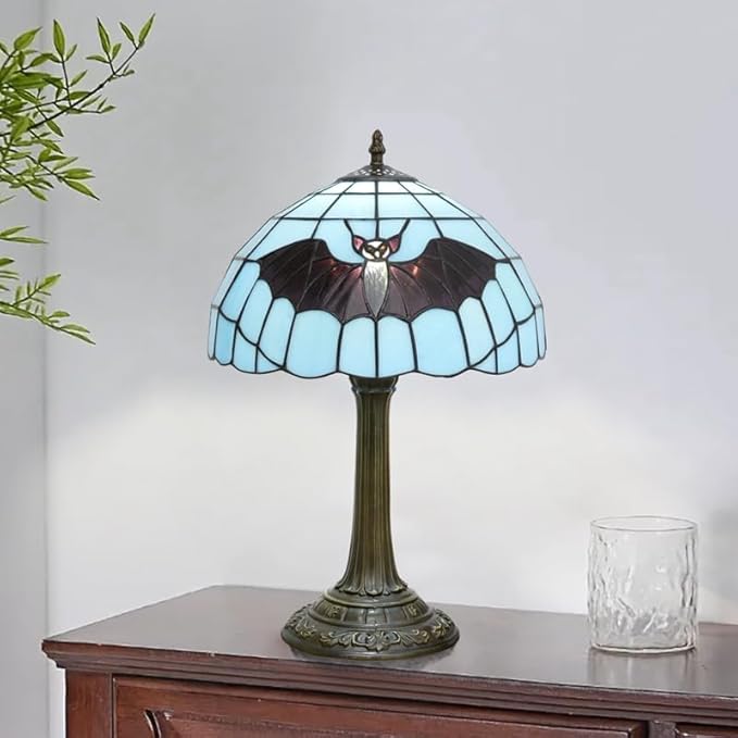 Tiffany Lamp Ocean Blue Bat Stained Glass Table Lamp 12" X19" Handmade Coastal Decor LED Ready Perfect for Beach House Bedroom Halloween Gift Living Room,bedroom, Bedside Corner Reading end Table Lamp - Bloomnest