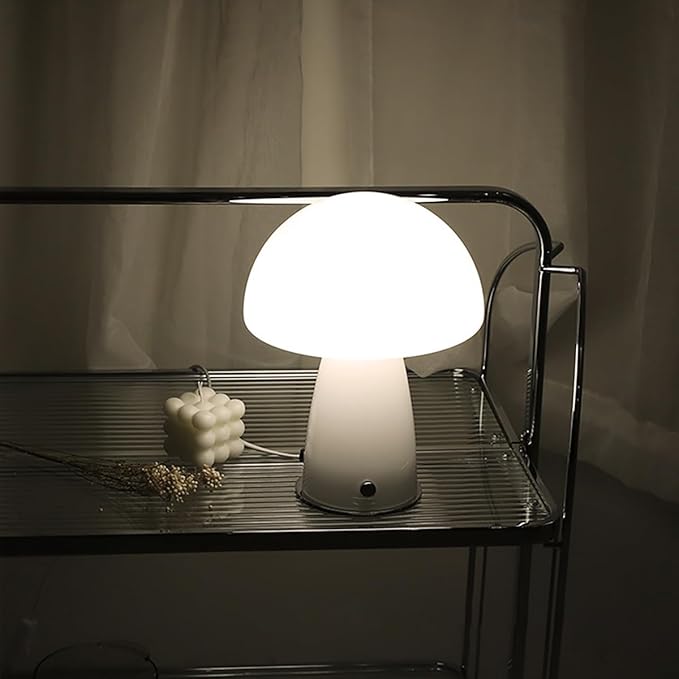 White Small Mushroom Table Lamp,3-Color Temperature Glass Desk Light,Bauhaus Decorative Nightstand Lamp,Vintage Style Table Light for Living Room Office - Bloomnest