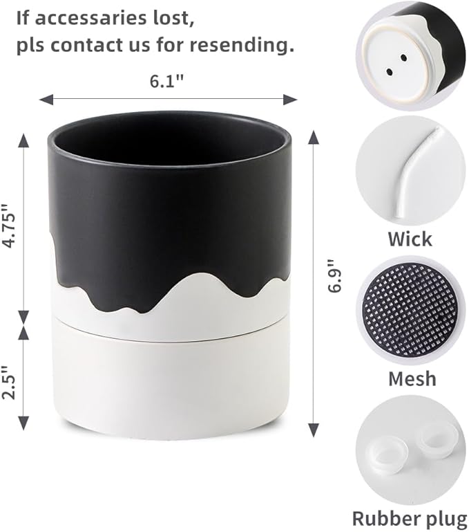 Nihow Self Watering Plant Pot: 6 Inch Ceramic Planter with Drainage Hole & Water Storage Plus for Indoor & Outdoor Plants - Cylinder Round Flower Pot for Succulent/Herbs/Violets - Black & Wave White - Bloomnest