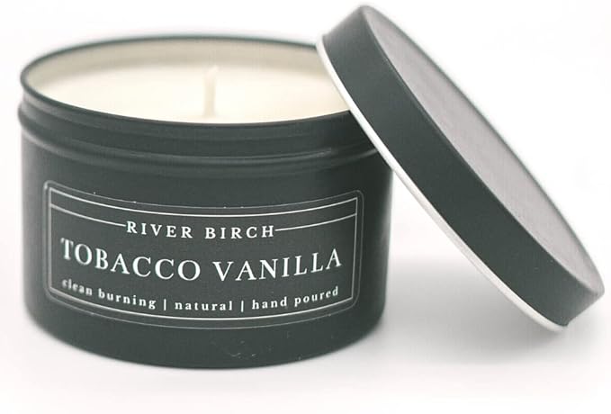 River Birch Candles Tobacco Vanilla Scented Candle | Premium, All-Natural, Non-Toxic, Soy Candles | 8 oz. Black Matte Tin Travel Candle | Cozy Relaxing Gifts for Home - Bloomnest