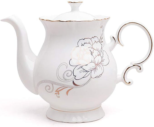 Jomop European Style Ceramic Flower Teapot Coffee Pot Water Pot Porcelain Gift Large 5.5 Cups (1, White)