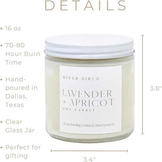 River Birch Candles Lavender + Apricot Scented Candle | Premium, All-Natural, Non-Toxic, Soy Wax | 16oz 90 Hr Burn Time | Cozy Relaxing Gifts for Home - Bloomnest
