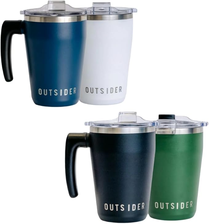 OUTSIDER Stainless Steel Vacuum Insulated Coffee Mug/Cup with Rotating Handle and Spill Proof Lid – Great Travel Tumbler for Outdoor, Home, Office – 17 ounces, Black
