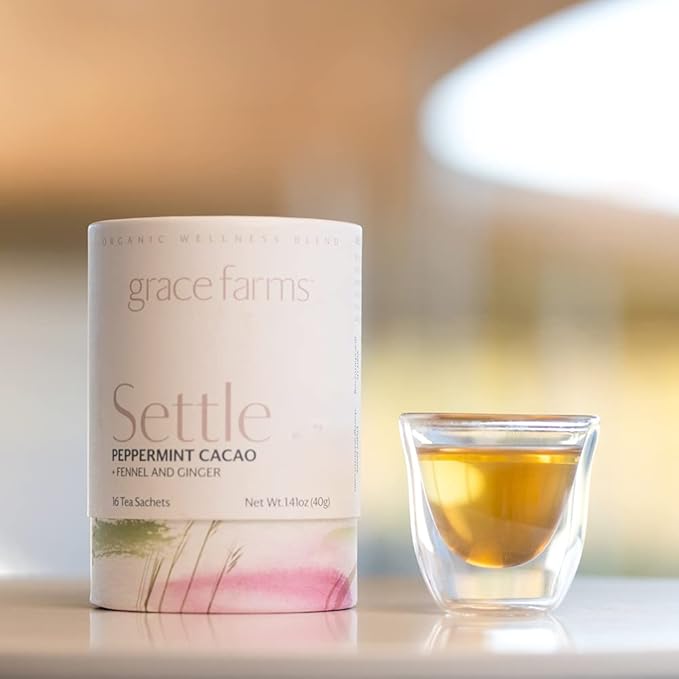 Grace Farms SETTLE Wellness Organic Tea Blend (16 Pyramid Sachets) | Peppermint Cacao | Relaxing and Digestive Support | Fairtrade and Kosher | Filled With Antioxidants and Stress-Relieving Herbs | Gives Back 100% of Profits - Bloomnest