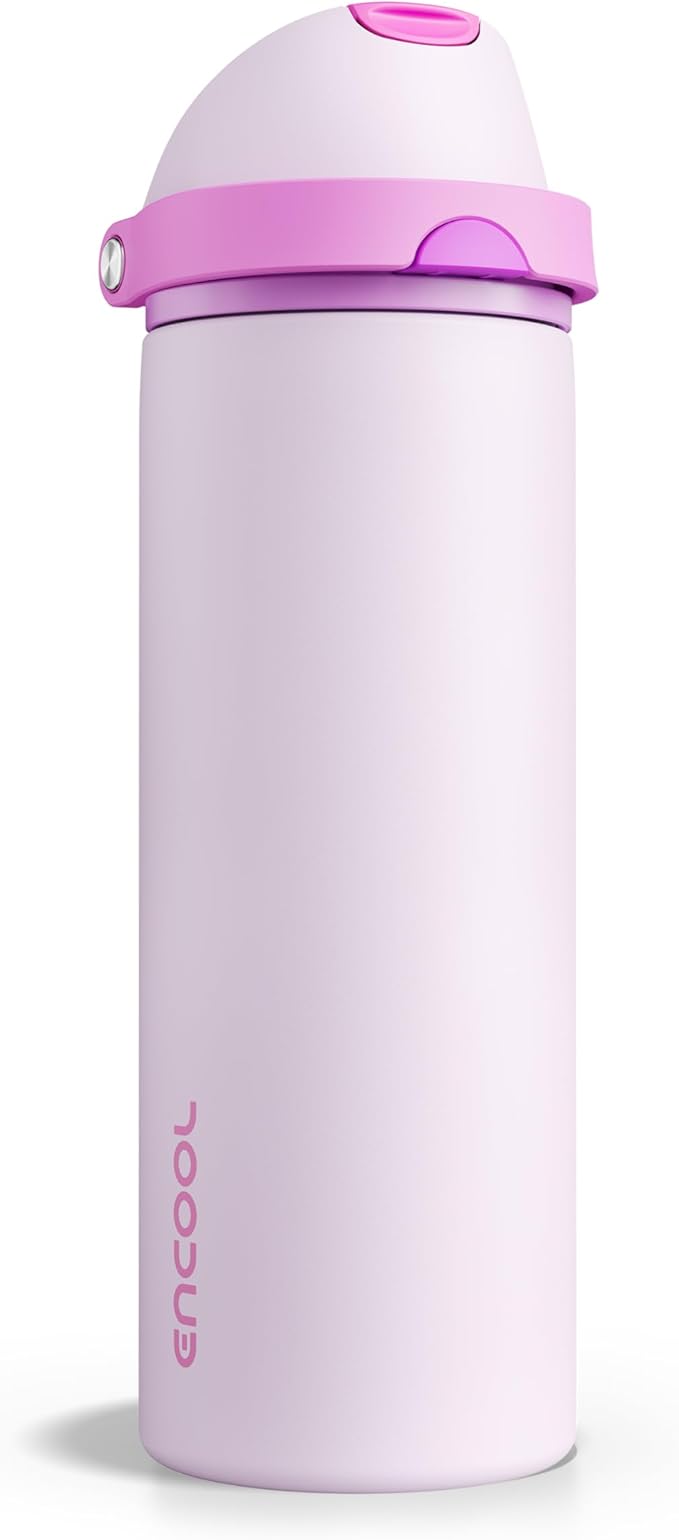 Insulated Water Bottle with Straw - Encool Stainless Steel Water Bottle with Push Button Lid, Leak-Proof & BPA-Free, Keeps Cold for 24 Hours for Sports, Travel, Gym (24 oz, Thistle-Fuchsia) ENCOOL