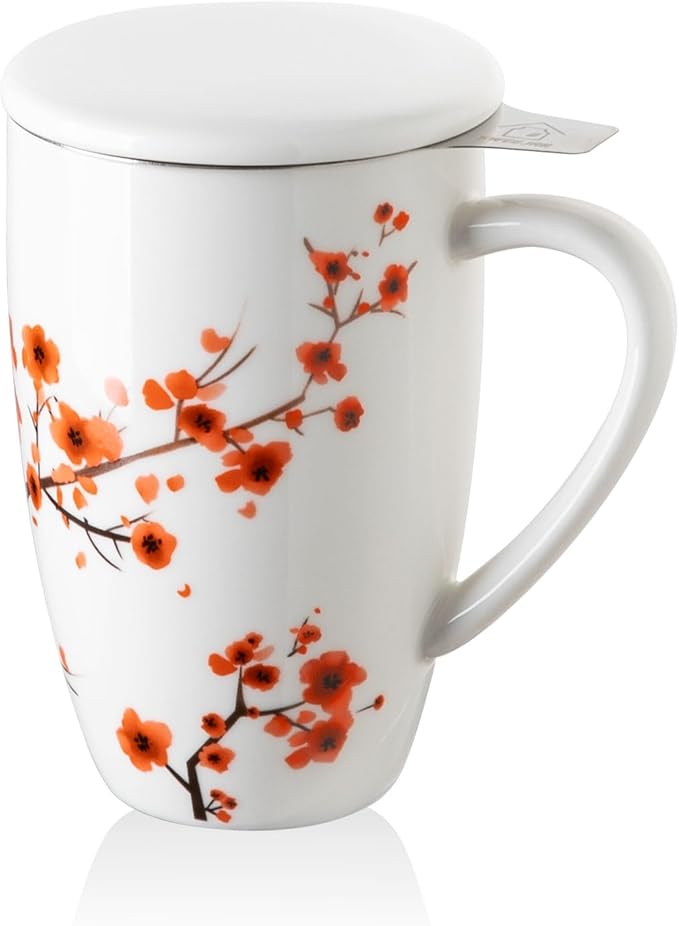 Sweejar Porcelain Tea Mug with Infuser and Lid,Teaware with Filter, Loose Leaf Tea Cup Steeper Maker, 16 Fl Oz for Tea/Coffee/Milk/Women/Office/Home/Gift (Plum Blossom) - Bloomnest