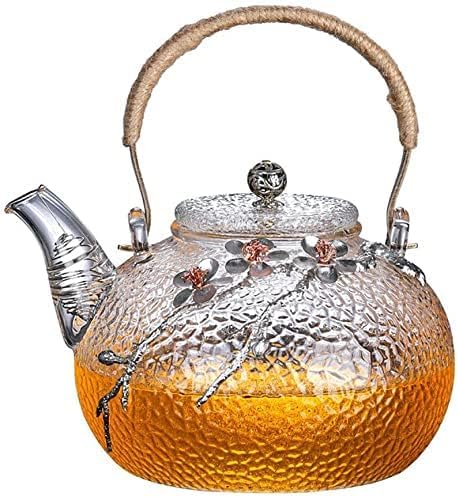 ZENATION Japanese Style hammered glass exquisite 900ml tea pot, with tin and copper plum blossom decoration