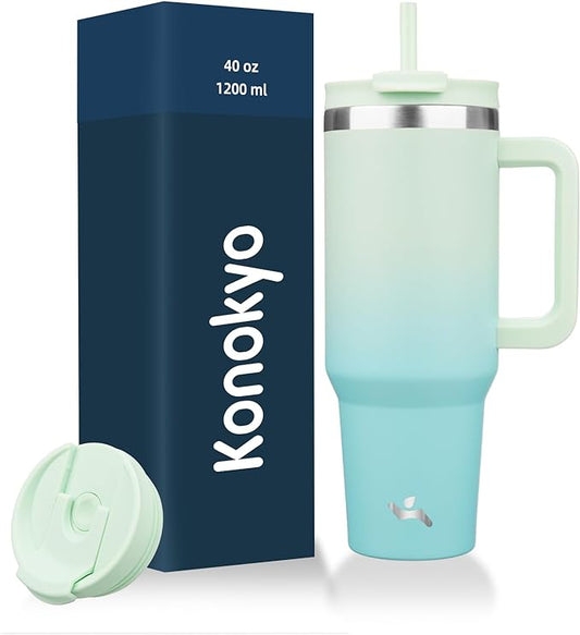 40 oz Tumbler with Handle and 2 Straws,2 in 1 Lid Insulated Water Bottle Stainless Steel Travel Coffee Mug,Mint - Bloomnest