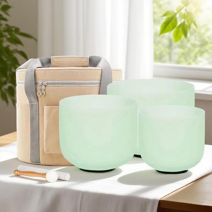 Hye-eun 432hz Crystal Singing Bowls Set,8-12inch Mint Green Sound Bath Bowl 8"A 10"F 12"C,Spiritual Mindfulness Sound Bowls with Beige Carry Case - Bloomnest