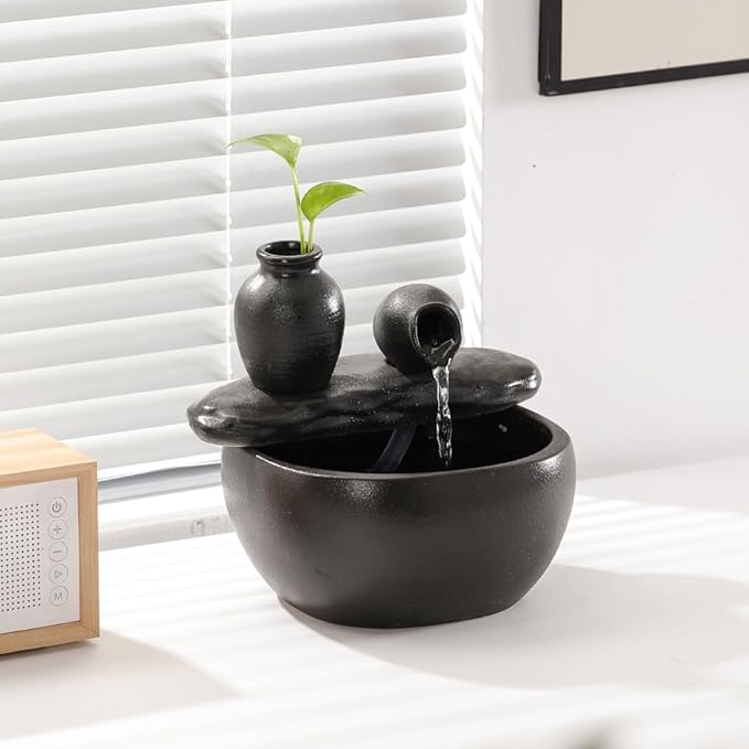 Ceramic Tabletop Fountain for Indoor and Home Decoration Table Desk Office Patio (Ceramic Pot Fountain) (Black) - Bloomnest