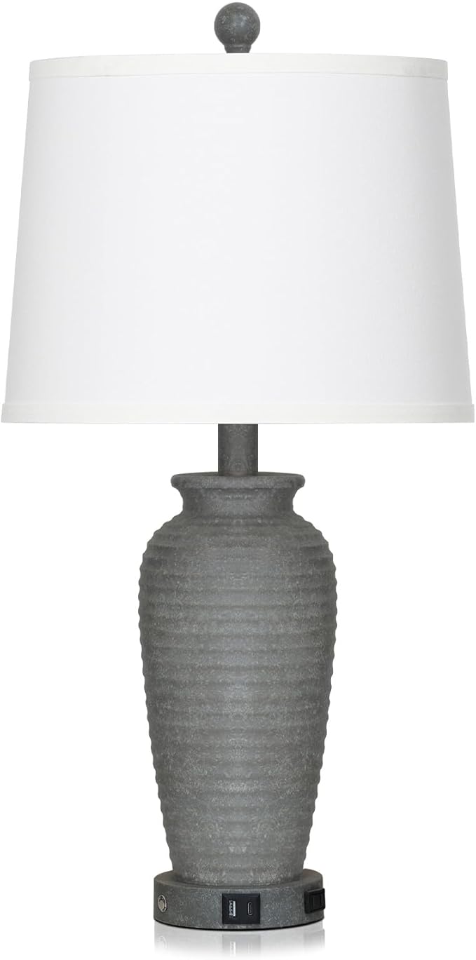 25" Grey Farmhouse Jar Table Lamps, 3 Way Touch Control Rustic Bedside Lamps with USB A+C Ports & AC Outlet, Pot Nightstand Lamps for Bedroom End Table (LED Bulbs Included) - Bloomnest