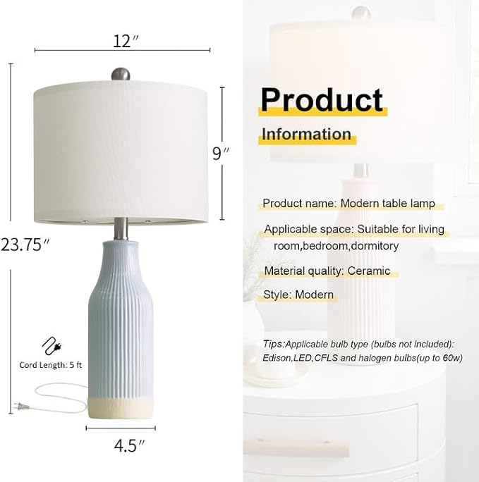 23.75inch Light Blue Modern Ceramic Bedside Lamp Set of 2 for Bedroom Decor Farmhouse Table Lamp for Living Room Office Dorm - Bloomnest